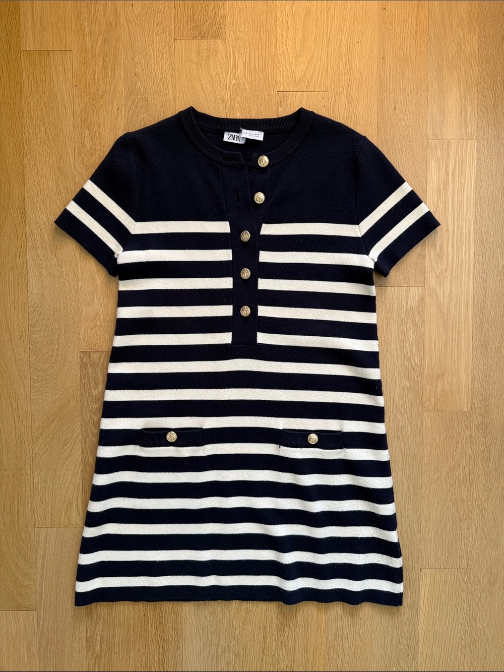 Zara Navy and White Striped Short Sleeve Knit Dress with Gold Buttons